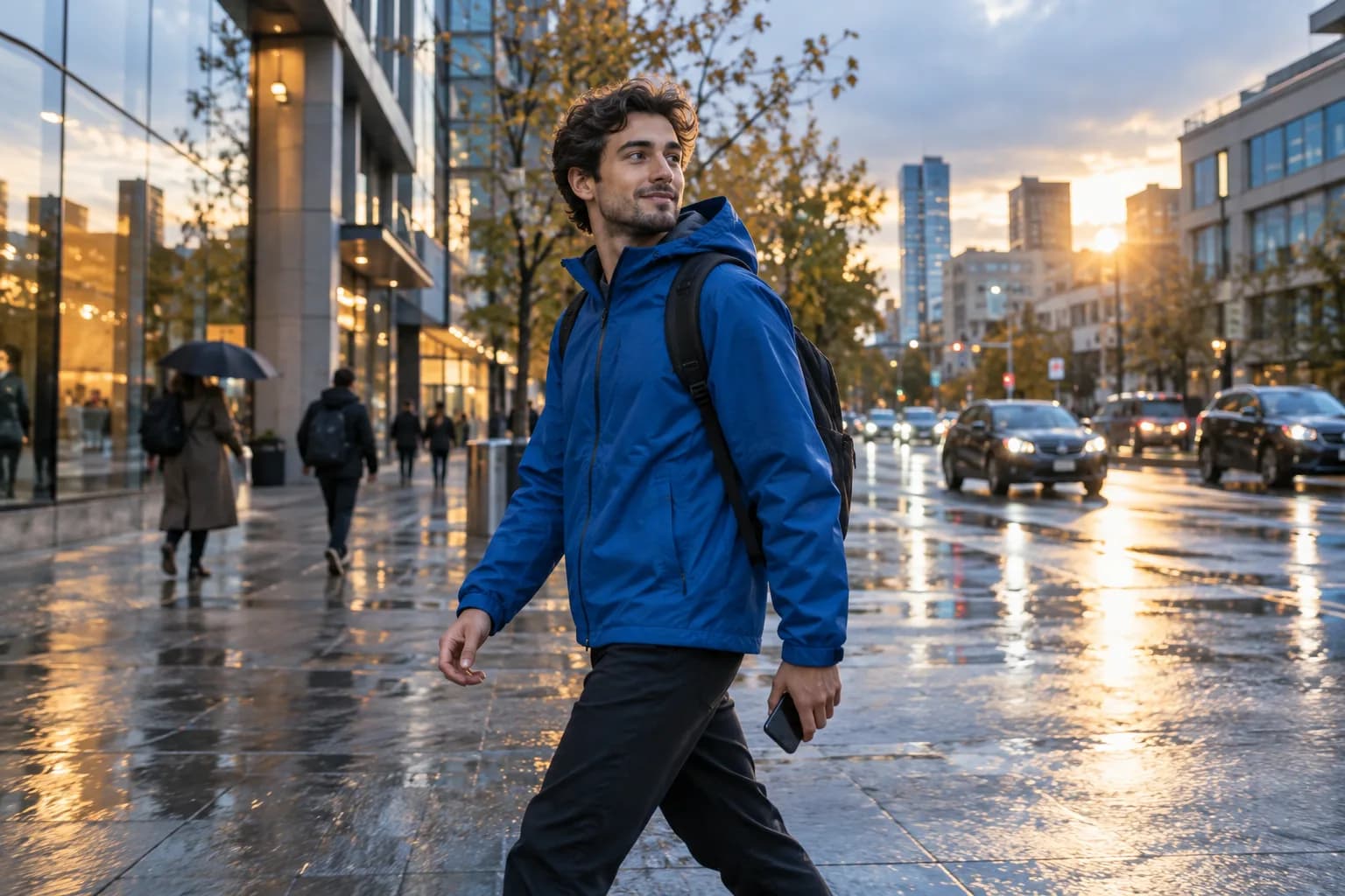 Person walking through a city with a backpack